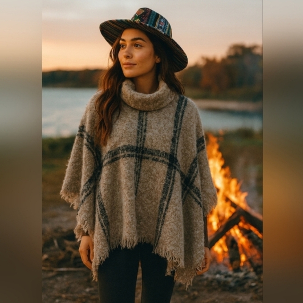 Cost Plus World Market Cream Black Plaid Cowl Neck Fringe Poncho